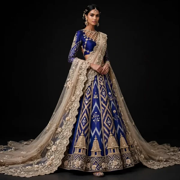 Expensive Royal Blue Champagne Gold Temple Gopuram Ikat Diamond Bridal Lehenga Heavy Work 343