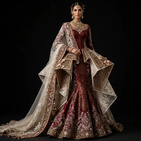 Expensive Burgundy Maroon Beige Gold Architectural Lantern Bridal Mermaid Lehenga Heavy Origami Work 345
