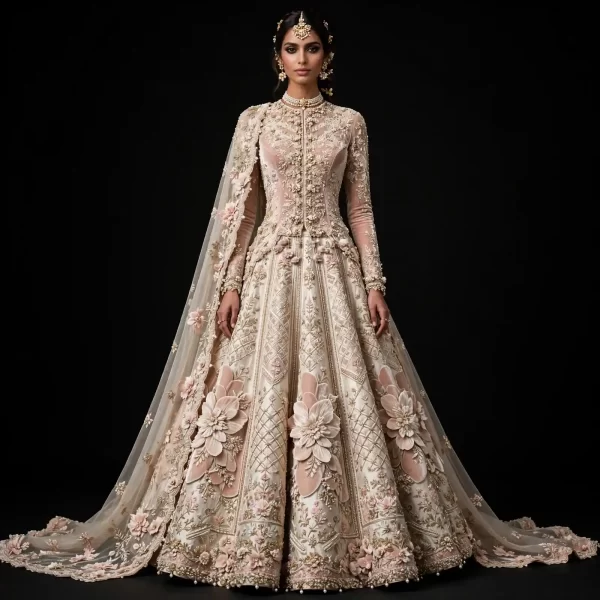 Expensive Ivory Champagne Blush Pink Large Floral Applique Bridal Lehenga Heavy 3D Rose Work 346