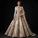 Expensive Ivory Champagne Beige Art Deco Geometric Bridal Lehenga Heavy Architectural Work 348