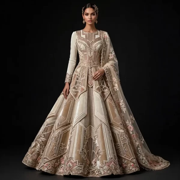 Expensive Ivory Champagne Beige Art Deco Geometric Bridal Lehenga Heavy Architectural Work 348