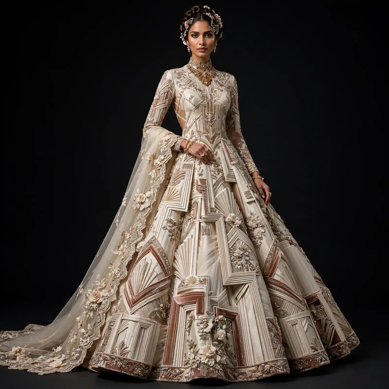 Ivory Champagne Rose Gold Art Deco Origami Expensive Architectural Bridal Lehenga with 3D Rose Cape and Temple Panels - 349