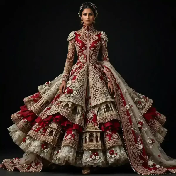 Burgundy Gold Jharokha Expensive Cape Anarkali Lehenga with Temple Lattice and Pearl Border