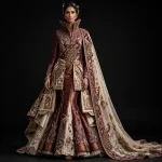 Burgundy Wine Champagne Gold Peacock Temple Palace ExpensiveE Mermaid Lehenga with Gold Zardozi Peplum Cape - 350