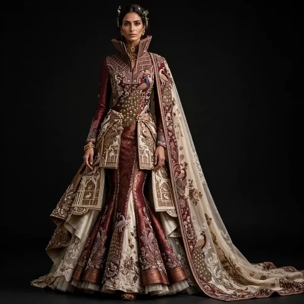Burgundy Wine Champagne Gold Peacock Temple Palace ExpensiveE Mermaid Lehenga with Gold Zardozi Peplum Cape - 350