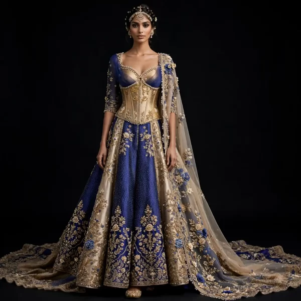 Royal Blue Champagne Gold 3D Floral Corset ExpensiveE Bridal Lehenga with Gold Temple Palace Cape and Pearl Border - 353