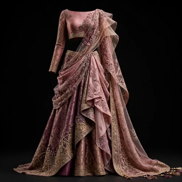 Dusty Rose Mauve Champagne Gold ExpensiveE Draped Ruffle Saree Lehenga with 3D Floral Cape and Tassel Pearls - 354
