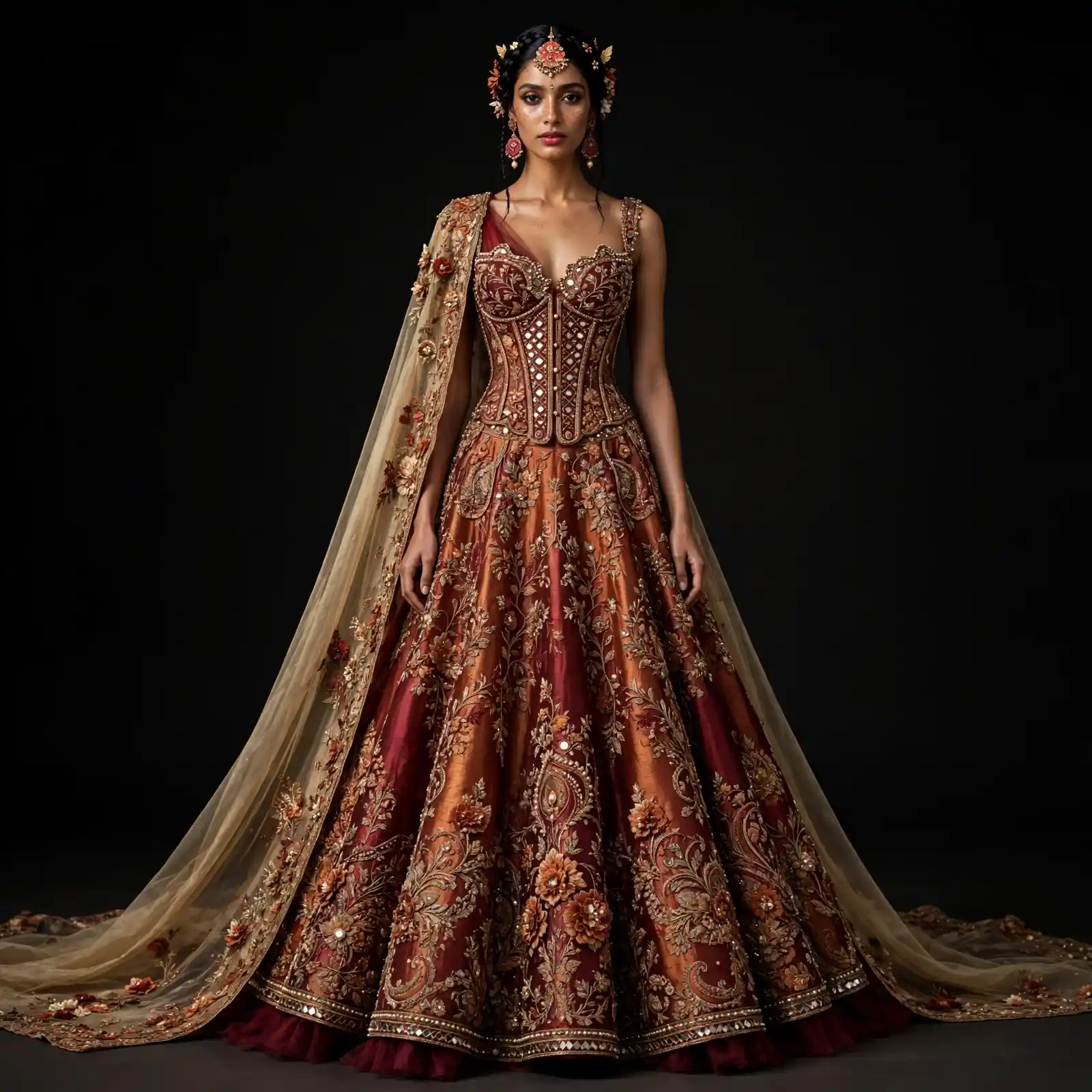 Rust Terracotta Burnt Orange Gold Mirror ExpensiveE Corset Bridal Lehenga with 3D Floral Cape and Banarasi Brocade - 356