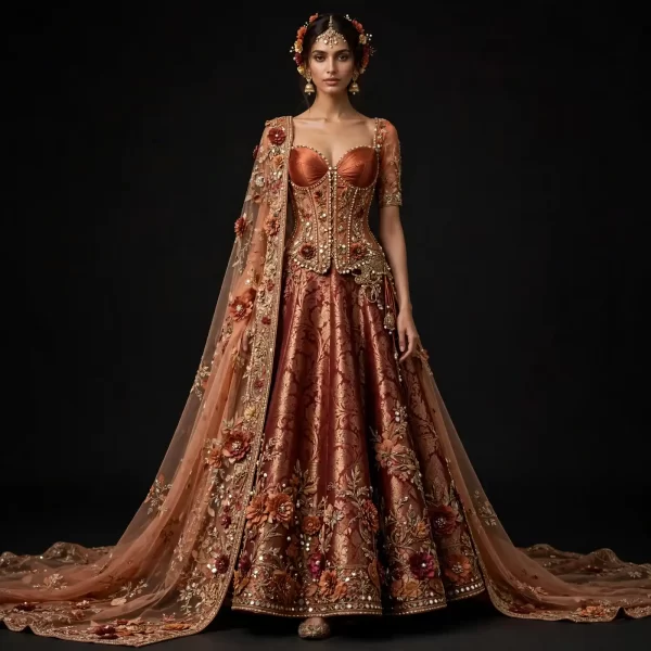 Rust Copper Burnt Orange Gold ExpensiveE Corset Banarasi Brocade Lehenga with 3D Floral Applique Cape and Mirror Border - 358