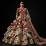 Crimson Ivory Gold Lotus Expensive Double Tiered Scallop Bridal Lehenga with Peplum