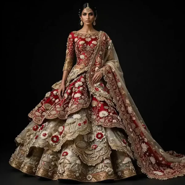 Crimson Ivory Gold Lotus Expensive Double Tiered Scallop Bridal Lehenga with Peplum
