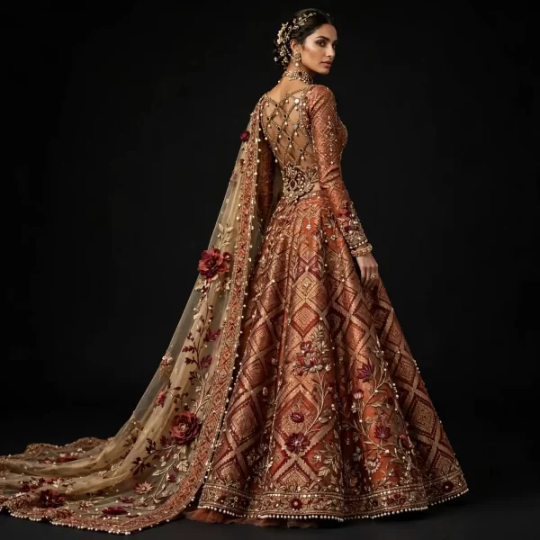 ExpensiveE  Burnt Orange Burgundy Lattice Floral Diamond Lehenga with Backless Lattice and Pearl Dori and Burgundy Rose 3D Dupatta Bridal Lehenga Heavy Embroidered - Burnt Orange Burgundy Lattice Floral Diamond Backless Pearl Dori Burgundy Rose 3D
