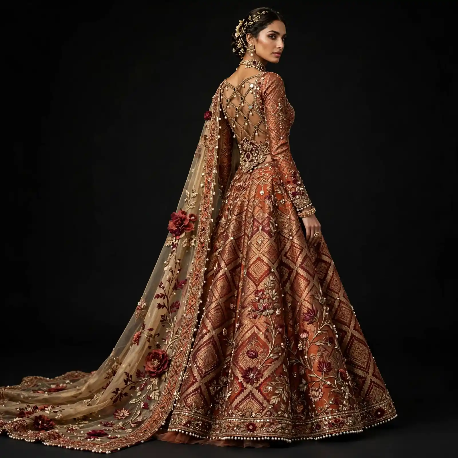 ExpensiveE Burnt Orange Burgundy Lattice Floral Diamond Lehenga with Backless Lattice and Pearl Dori and Burgundy Rose 3D Dupatta Bridal Lehenga Heavy Embroidered - Burnt Orange Burgundy Lattice Floral Diamond Backless Pearl Dori Burgundy Rose 3D