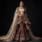 ExpensiveE  Burgundy Champagne Gold Peplum Temple Palace Mermaid Lehenga with Lattice Jali Panels and Floral Vine and Pearl Tassel Saree Drape Bridal Lehenga Heavy Embroidered - Burgundy Champagne Gold Peplum Temple Palace Mermaid Lattice Jali Floral Vine