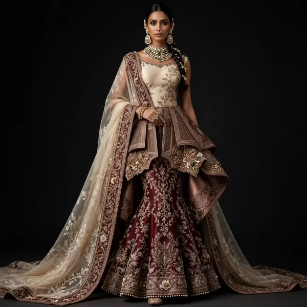 ExpensiveE  Burgundy Champagne Gold Peplum Temple Palace Mermaid Lehenga with Lattice Jali Panels and Floral Vine and Pearl Tassel Saree Drape Bridal Lehenga Heavy Embroidered - Burgundy Champagne Gold Peplum Temple Palace Mermaid Lattice Jali Floral Vine