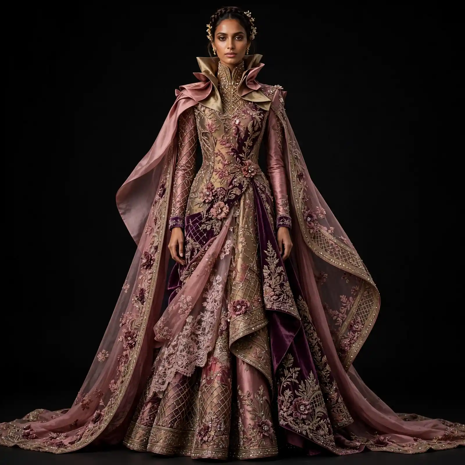 ExpensiveE Dusty Rose Burgundy Velvet Lattice Corset Lehenga with High Ruff Collar and 3D Floral Rosettes and Lace Cape and Lattice Sleeves Bridal Lehenga Heavy Embroidered - Dusty Rose Burgundy Velvet Lattice Corset High Ruff Collar 3D Rosettes Lace Cape