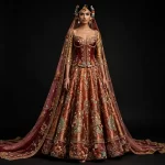 ExpensiveE  Burgundy Champagne Gold Corset Lehenga with Sweetheart Corset and Mirror Diamond and Floral Vine and 3D Rose Border and Veil Dupatta Bridal Lehenga Heavy Embroidered - Burgundy Champagne Gold Corset Mirror Diamond Floral Vine 3D Rose Veil