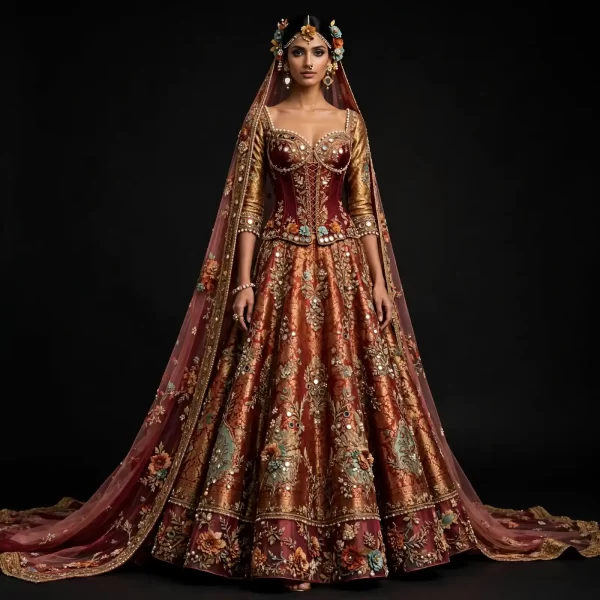 ExpensiveE  Burgundy Champagne Gold Corset Lehenga with Sweetheart Corset and Mirror Diamond and Floral Vine and 3D Rose Border and Veil Dupatta Bridal Lehenga Heavy Embroidered - Burgundy Champagne Gold Corset Mirror Diamond Floral Vine 3D Rose Veil