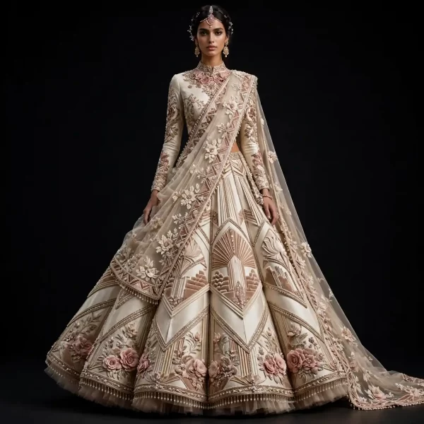 ExpensiveE  Ivory Blush Pink Art Deco Origami Lehenga with High Collar and Geometric Fan Panels and 3D Rosettes and Pearl Tassel Saree Drape Bridal Lehenga Heavy Embroidered - Ivory Blush Pink Art Deco Origami High Collar Geometric Fan 3D Rosettes Saree Drape