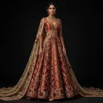 ExpensiveE  Burnt Orange Burgundy Lattice Floral Diamond Lehenga with Front Lace-Up and Mirror Diamond and Burgundy Rose 3D Border Bridal Lehenga Heavy Embroidered - Burnt Orange Burgundy Lattice Floral Diamond Front Lace-Up Mirror Diamond Burgundy Rose 3D
