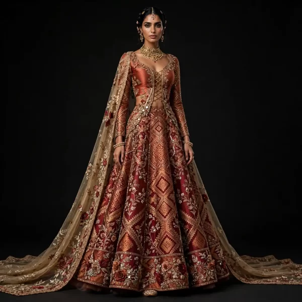 ExpensiveE  Burnt Orange Burgundy Lattice Floral Diamond Lehenga with Front Lace-Up and Mirror Diamond and Burgundy Rose 3D Border Bridal Lehenga Heavy Embroidered - Burnt Orange Burgundy Lattice Floral Diamond Front Lace-Up Mirror Diamond Burgundy Rose 3D