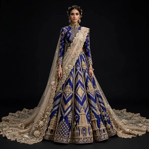 ExpensiveE  Royal Blue Champagne Gold Ikat Temple Tower Lehenga with High Collar and Saree Drape and Temple Gopuram and Scalloped Floral Border Bridal Lehenga Heavy Embroidered - Royal Blue Champagne Gold Ikat Temple Tower High Collar Saree Drape Scalloped Floral
