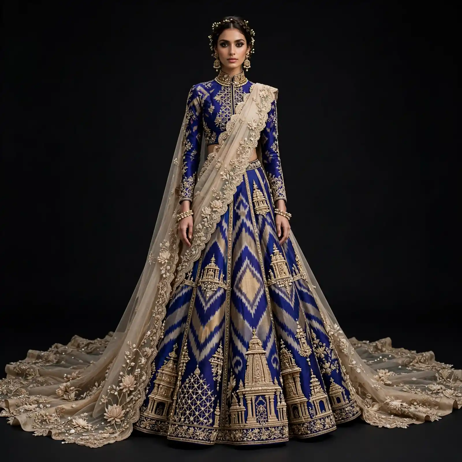 Expensivee Royal Blue Champagne Gold Ikat Temple Tower Lehenga with High Collar and Saree Drape and Temple Gopuram and Scalloped Floral Border Bridal Lehenga Heavy Embroidered - Royal Blue Champagne Gold Ikat Temple Tower High Collar Saree Drape Scalloped Floral