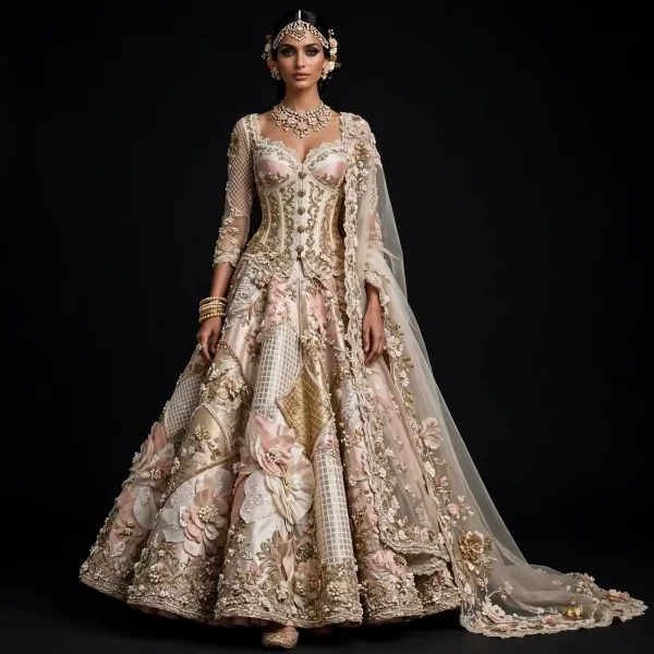 ExpensiveE  Ivory Blush Pink Corset Lehenga with Sweetheart Corset and Pearl Button and 3D Rosettes and Grid Mesh and Floral Vine Dupatta Bridal Lehenga Heavy Embroidered - Ivory Blush Pink Corset Sweetheart Pearl Button 3D Rosettes Grid Mesh Floral Vine Dupatta