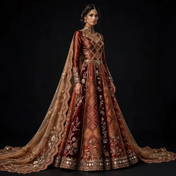 ExpensiveE  Burnt Orange Burgundy Mirror Diamond Lattice Lehenga with High Collar and Diamond Lattice Blouse and Floral Vine and Mirror Border Bridal Lehenga Heavy Embroidered - Burnt Orange Burgundy Mirror Diamond Lattice High Collar Diamond Lattice Blouse Floral Vine Mirror Border