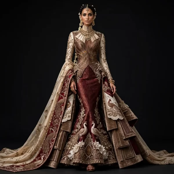 ExpensiveE  Burgundy Champagne Gold Peacock Temple Palace Mermaid High Collar Peacock Eye and Double Peacock and Peacock Feather Border and Peplum Temple Panels Bridal Lehenga Heavy Embroidered - Burgundy Champagne Gold Peacock Temple Palace Mermaid High Collar Peacock Eye Double Peacock Peacock Feather Border Peplum Temple Panels