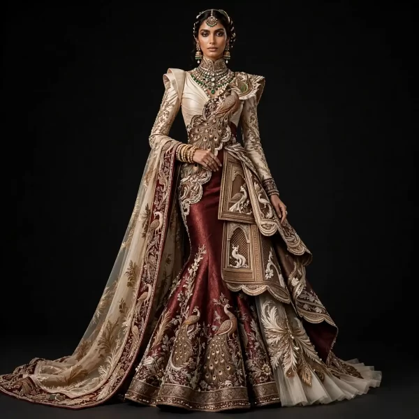 ExpensiveE  Burgundy Champagne Gold Peacock Temple Palace Mermaid with Single Peacock Shoulder and Temple Arch Panels and Scalloped Peacock Feather Dupatta Bridal Lehenga Heavy Embroidered - Burgundy Champagne Gold Peacock Temple Palace Mermaid Single Peacock Shoulder Temple Arch Panels Scalloped Peacock Feather Dupatta