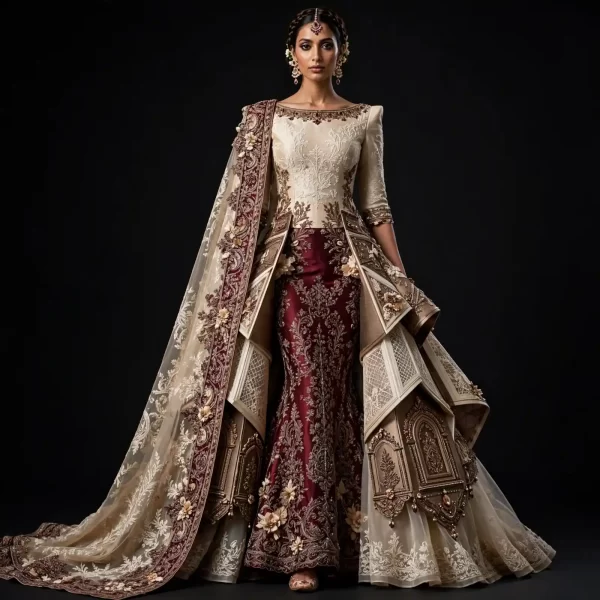 ExpensiveE  Burgundy Champagne Gold Peplum Temple Palace Mermaid Lehenga with Lattice Jali Boat Neck and 3D Floral Rosettes and Pearl Tassel Saree Drape and Temple Arch Panels Bridal Lehenga Heavy Embroidered - Burgundy Champagne Gold Peplum Temple Palace Mermaid Lattice Jali Boat Neck 3D Floral Rosettes Pearl Tassel Saree Drape Temple Arch Panels