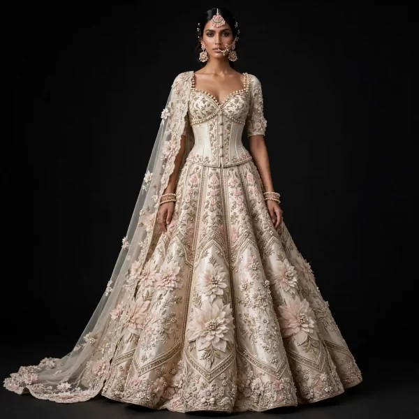 ExpensiveE  Ivory Blush Pink Corset Pearl Lattice Lehenga with Sweetheart Corset Pearl Button and 3D Dahlia Rosettes and Floral Vine Mesh and Cape Dupatta Bridal Lehenga Heavy Embroidered - Ivory Blush Pink Corset Pearl Lattice Sweetheart Pearl Button 3D Dahlia Rosettes Floral Vine Mesh Cape Dupatta