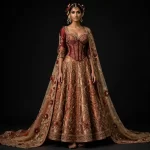 ExpensiveE  Burnt Orange Burgundy Corset Lattice Lehenga with Sweetheart Corset Lace-Up Side and Gold Brocade Panels and 3D Burgundy Rose Dupatta and Pearl Lattice Bridal Lehenga Heavy Embroidered - Burnt Orange Burgundy Corset Lattice Sweetheart Lace-Up Side Gold Brocade Panels 3D Burgundy Rose Dupatta Pearl Lattice