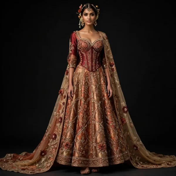ExpensiveE  Burnt Orange Burgundy Corset Lattice Lehenga with Sweetheart Corset Lace-Up Side and Gold Brocade Panels and 3D Burgundy Rose Dupatta and Pearl Lattice Bridal Lehenga Heavy Embroidered - Burnt Orange Burgundy Corset Lattice Sweetheart Lace-Up Side Gold Brocade Panels 3D Burgundy Rose Dupatta Pearl Lattice