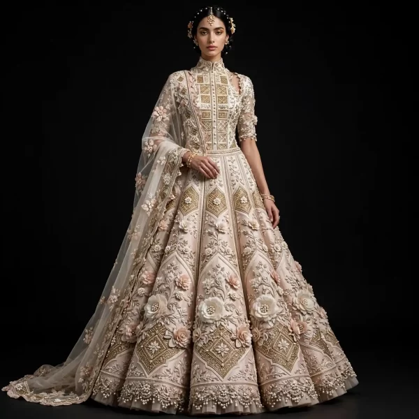 ExpensiveE  Ivory Blush Pink Art Deco Origami Corset Lehenga with High Collar and Geometric Square Panels and 3D Rosettes and Diamond Lattice and Pearl Beaded Border Bridal Lehenga Heavy Embroidered - Ivory Blush Pink Art Deco Origami Corset High Collar Geometric Square Panels 3D Rosettes Diamond Lattice Pearl Beaded Border