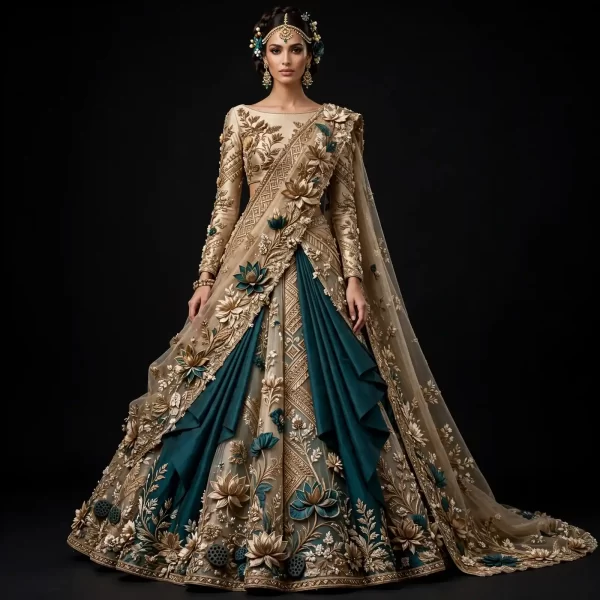 ExpensiveE  Teal Champagne Gold Temple Lotus Saree Drape Lehenga with Gold Lotus 3D and Pleated Fan Drape and Floral Saree Drape and Teal Velvet Blouse Bridal Lehenga Heavy Embroidered - Teal Champagne Gold Temple Lotus Saree Drape Gold Lotus 3D Pleated Fan Drape Floral Saree Drape Teal Velvet Blouse