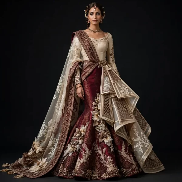 ExpensiveE  Burgundy Champagne Gold Peplum Temple Palace Mermaid Lehenga with Lattice Jali Panels and 3D Floral Rosettes and Origami Temple Panels and Saree Drape Bridal Lehenga Heavy Embroidered - Burgundy Champagne Gold Peplum Temple Palace Mermaid Lattice Jali Panels 3D Floral Rosettes Origami Temple Panels Saree Drape