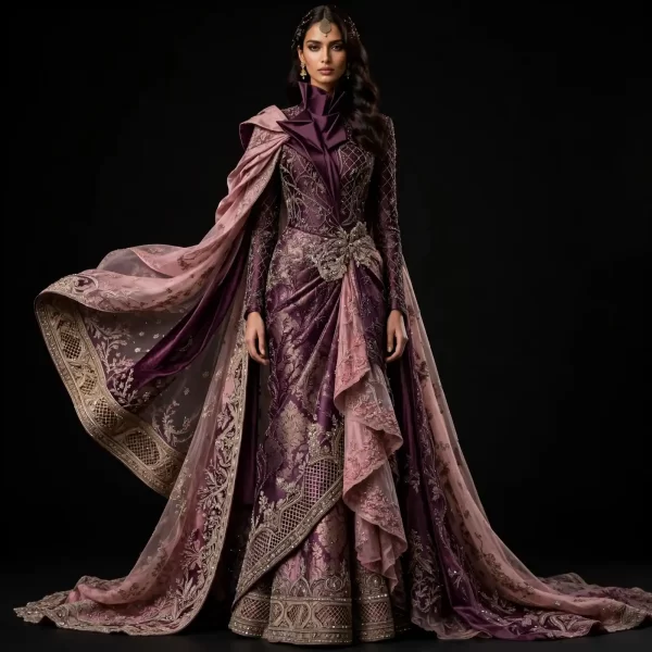 ExpensiveE  Mauve Purple Velvet Lattice Saree Lehenga with High Ruff Collar and Bow and Diamond Lattice and Floral Vine and Scalloped Lace Border and Ruffled Saree Drape Bridal Lehenga Heavy Embroidered - Mauve Purple Velvet Lattice Saree High Ruff Collar Bow Diamond Lattice Floral Vine Scalloped Lace Border Ruffled Saree Drape