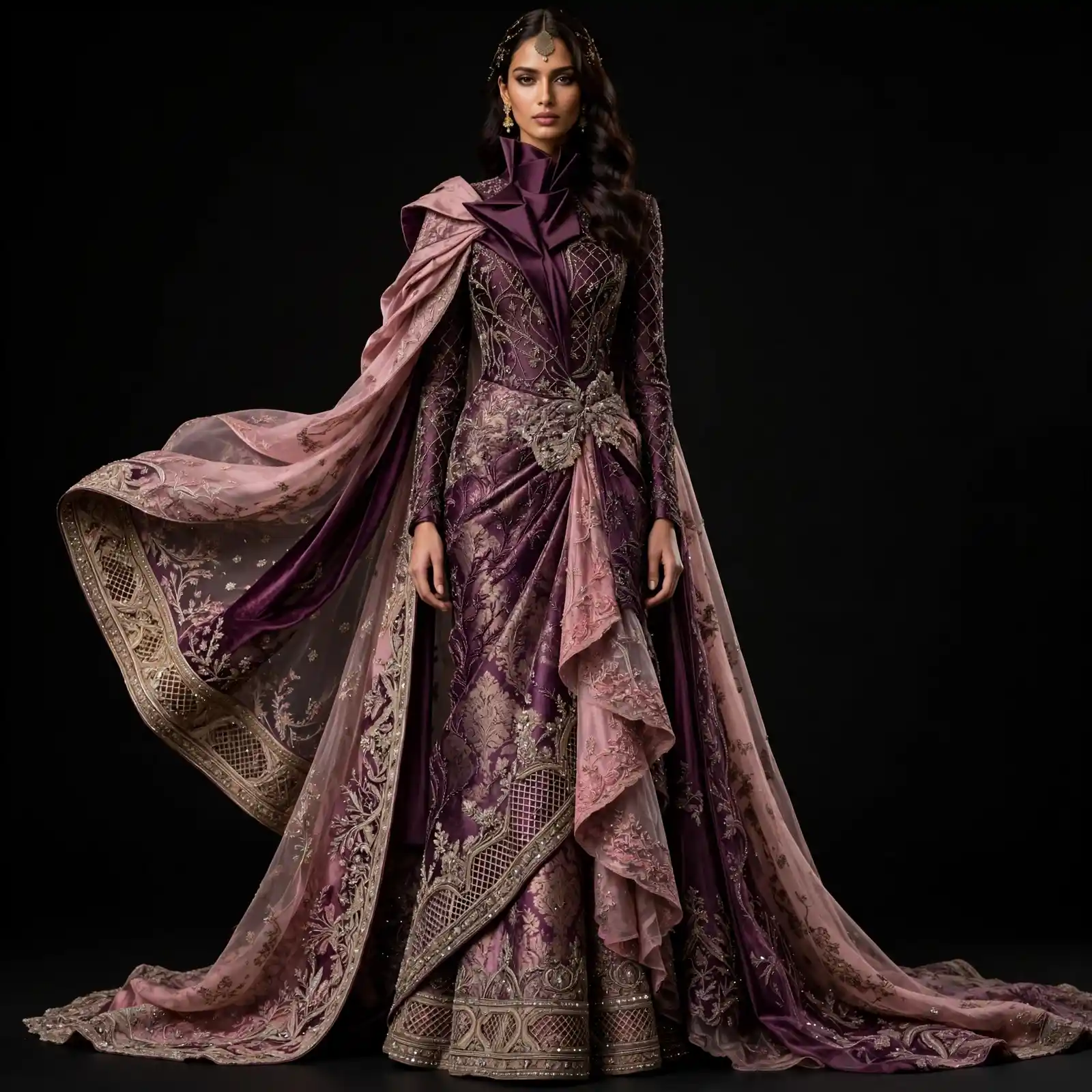 Expensivee Mauve Purple Velvet Lattice Saree Lehenga with High Ruff Collar and Bow and Diamond Lattice and Floral Vine and Scalloped Lace Border and Ruffled Saree Drape Bridal Lehenga Heavy Embroidered - Mauve Purple Velvet Lattice Saree High Ruff Collar Bow Diamond Lattice Floral Vine Scalloped Lace Border Ruffled Saree Drape