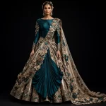 ExpensiveE  Teal Champagne Gold Temple Lotus Saree Lehenga with Gold Lotus 3D and Pleated Drape and Floral Vine and Gold Brocade Border and Cape Dupatta Bridal Lehenga Heavy Embroidered - Teal Champagne Gold Temple Lotus Saree Gold Lotus 3D Pleated Drape Floral Vine Gold Brocade Border Cape Dupatta
