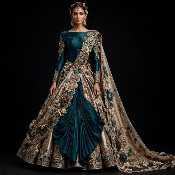 ExpensiveE  Teal Champagne Gold Temple Lotus Saree Lehenga with Gold Lotus 3D and Pleated Drape and Floral Vine and Gold Brocade Border and Cape Dupatta Bridal Lehenga Heavy Embroidered - Teal Champagne Gold Temple Lotus Saree Gold Lotus 3D Pleated Drape Floral Vine Gold Brocade Border Cape Dupatta