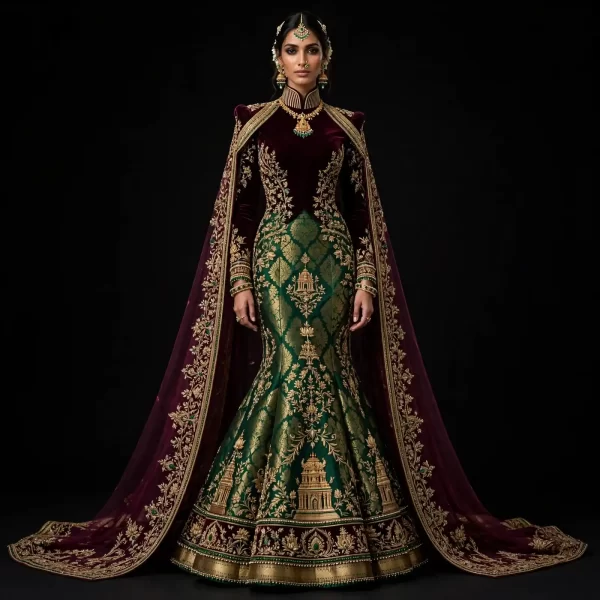 Burgundy Velvet Emerald Banarasi Temple Lehenga with Gold Gopuram ExpensiveE Heavy Work 98500