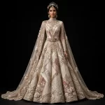 Ivory Champagne Art Deco Origami Architectural Lehenga with Rose Cape ExpensiveE Heavy Work 98500