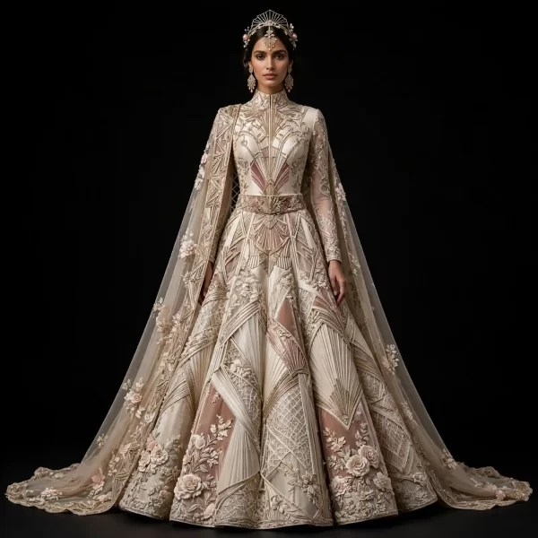 Ivory Champagne Art Deco Origami Architectural Lehenga with Rose Cape ExpensiveE Heavy Work 98500