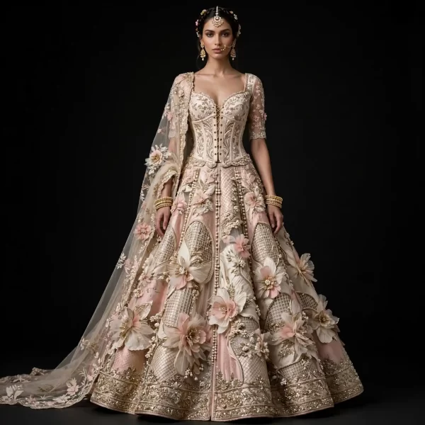 Blush Pink Corset Bridal Lehenga with Giant 3D Floral and Pearl Lattice ExpensiveE Heavy Work 99500