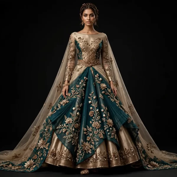Teal Green Champagne Gold Lotus Mermaid Lehenga with Gold Floral Vines ExpensiveE Heavy Work 97500