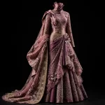 Mauve Plum Ruffled Saree Bridal Lehenga with High Collar and Pearl Polka Dot ExpensiveE Heavy Work 96500