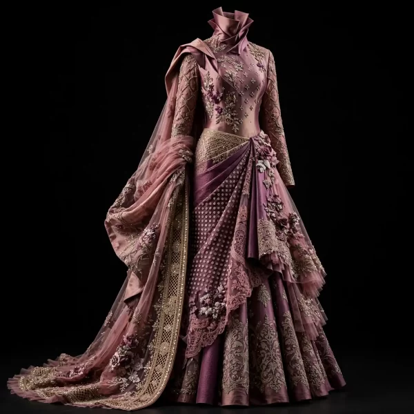 Mauve Plum Ruffled Saree Bridal Lehenga with High Collar and Pearl Polka Dot ExpensiveE Heavy Work 96500