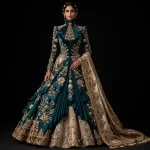 Teal Emerald Temple Gopuram Bridal Lehenga with Gold Temple Tower ExpensiveE Heavy Work 105500